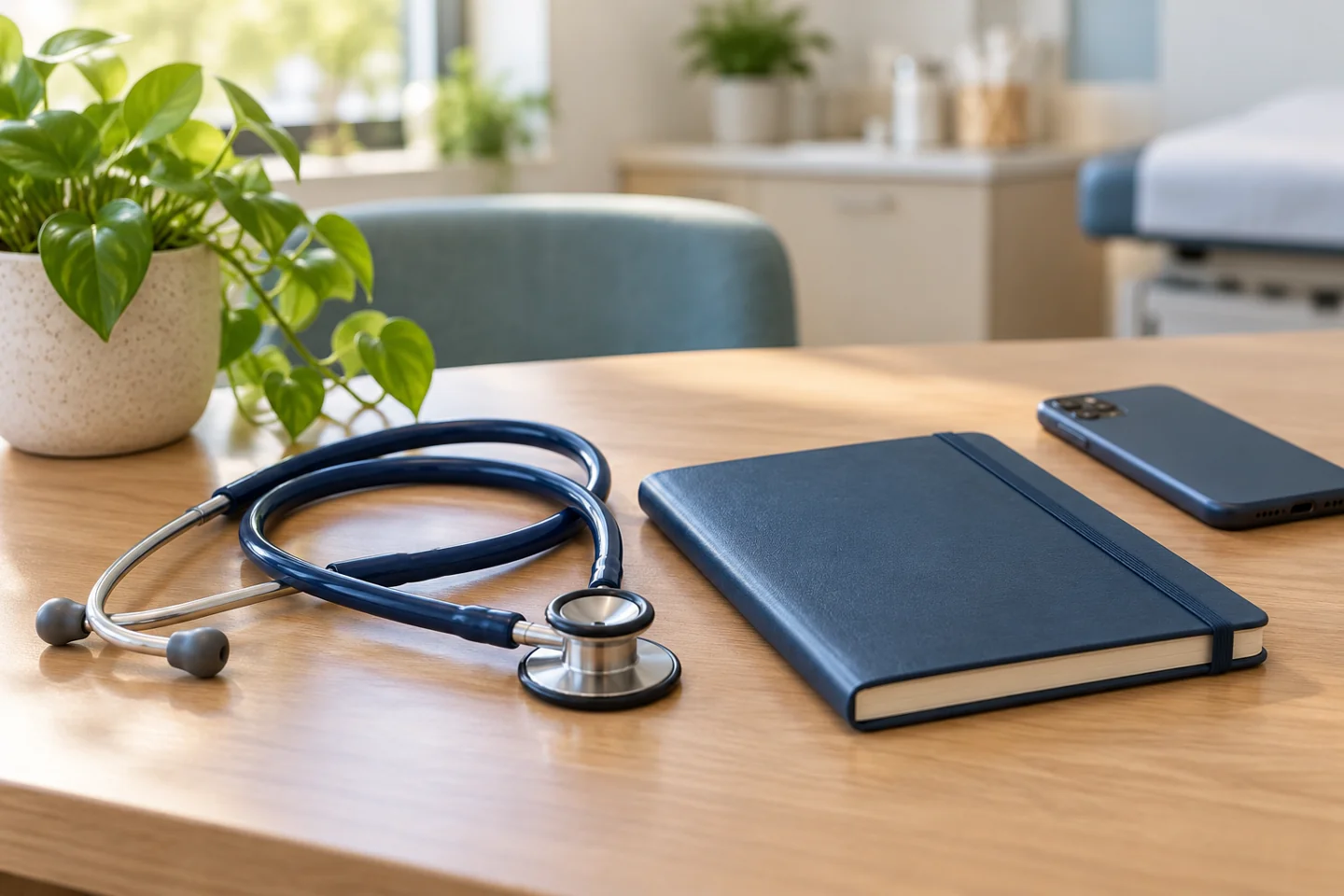 A stethoscope and appointment notebook on a clinic desk.