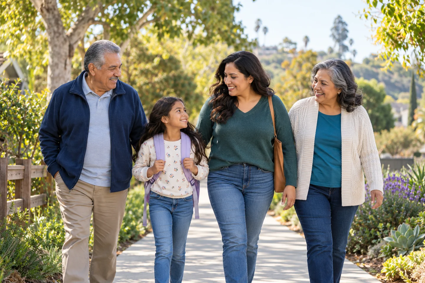 A multigenerational family enjoying a walk together.